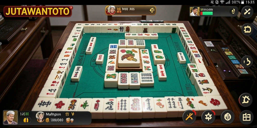 Tampilan gameplay menarik JUTAWANTOTO dengan ubin Mahjong berwarna.