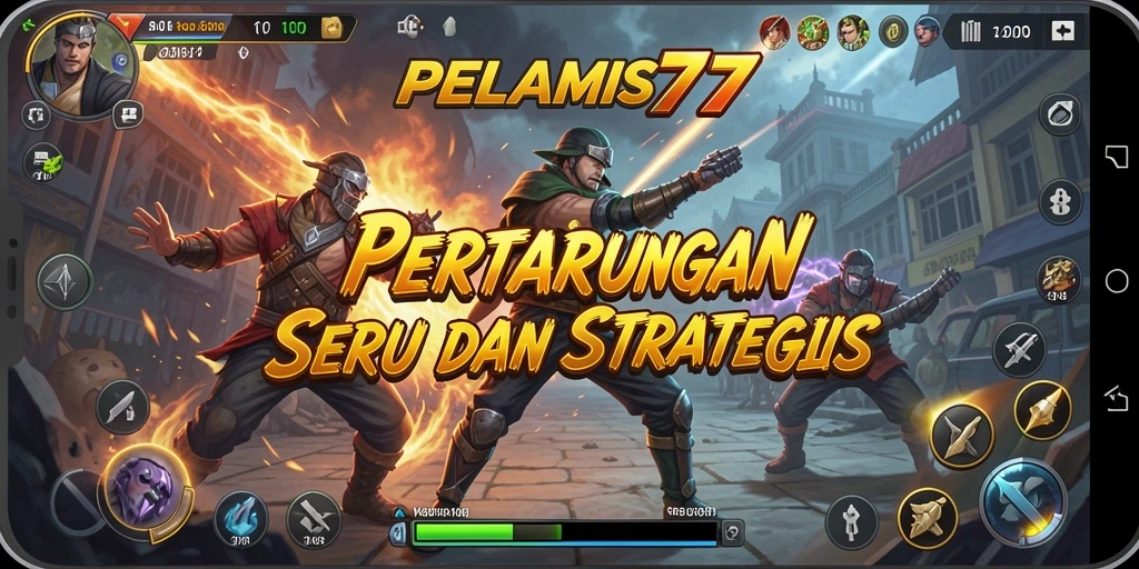 Screenshot utama PELAMIS77 menampilkan pertarungan seru antara dua karakter.